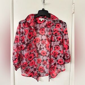 Love Fire Women's Sheer Rose Print‎ Button Down Shirt Size S